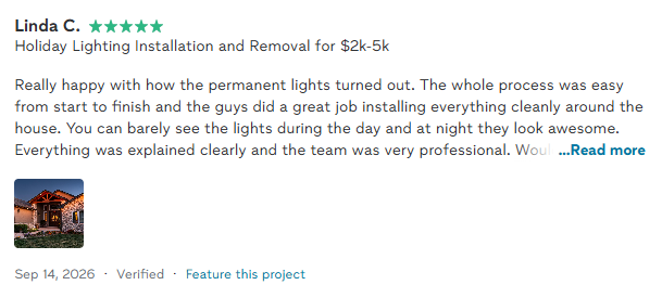 Linda C., 5 stars: "Really happy with how the permanent lights turned out..."